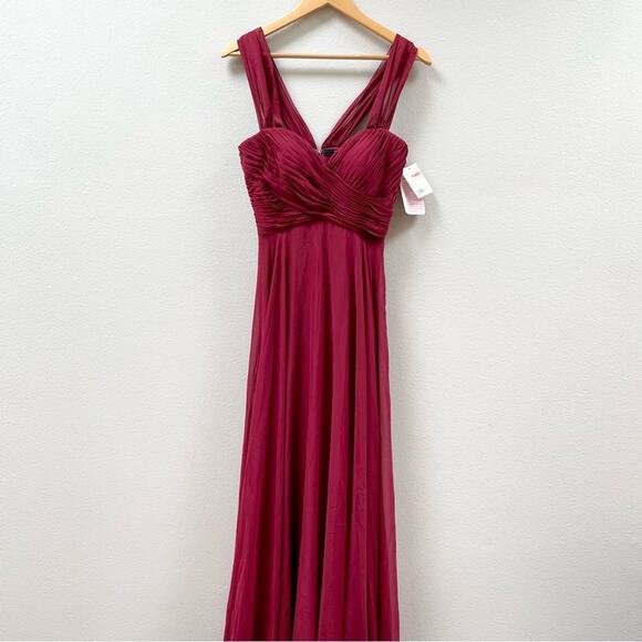 Dessy Collection Off Shoulder Draped Chiffon Maxi Dress Burgundy Women's 4 $284 - Picture 4 of 11